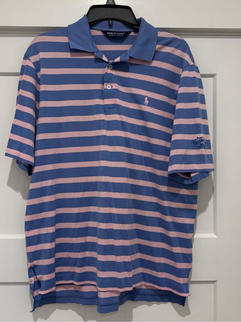 Polo Golf Ralph Lauren Mens M Blue Pink Striped Cotton Polo SS Embroidered